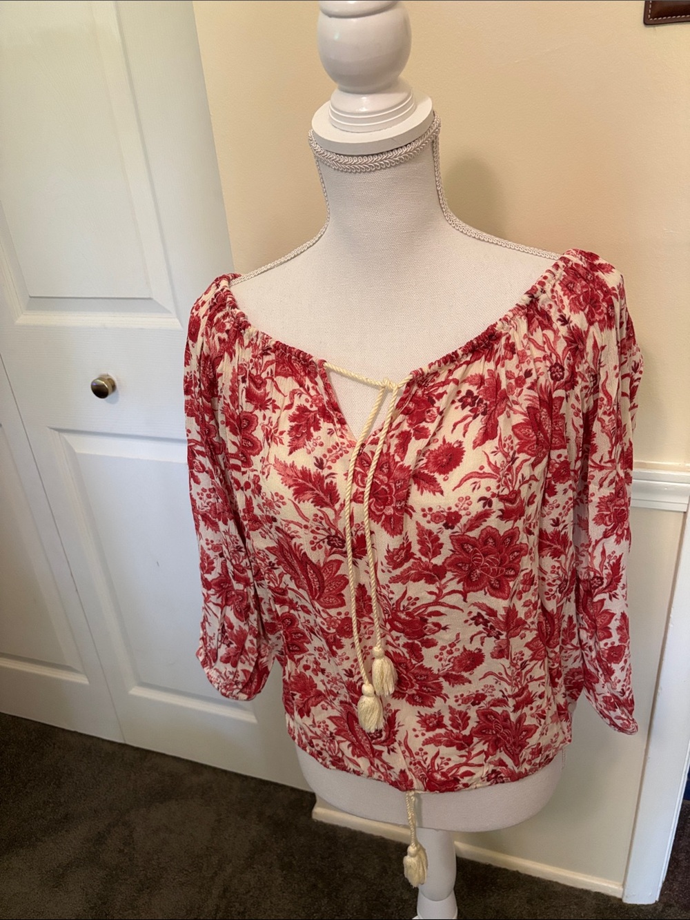 Women's Ralph Lauren Boho burgundy Red Floral Tie-Front Peasant Top